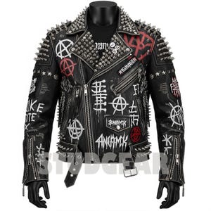 Extreme Studded Punk Jacket in Black Leather With Hand-painted
