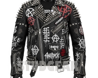 Chaqueta de cuero negra desgastada con grafitis de anarquía / Tachuelas extremas / Abrigo de batalla punk rock / Regalo para él / Cartera de regalo valorada en 48 USD.