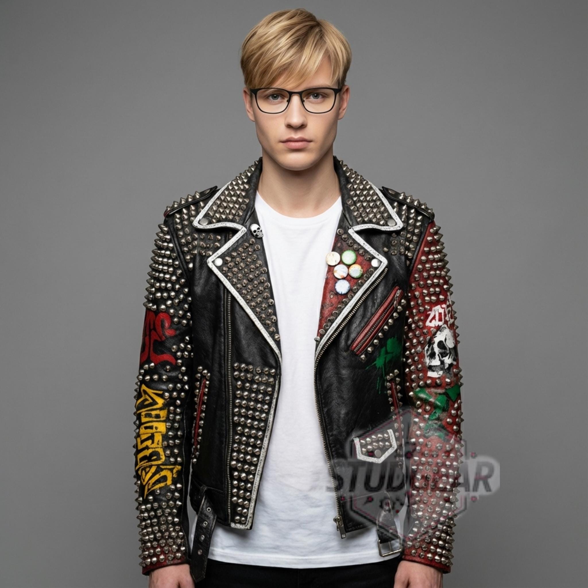 Men's Handmade Studded Leather Jacket Custom UV Printing Graffiti