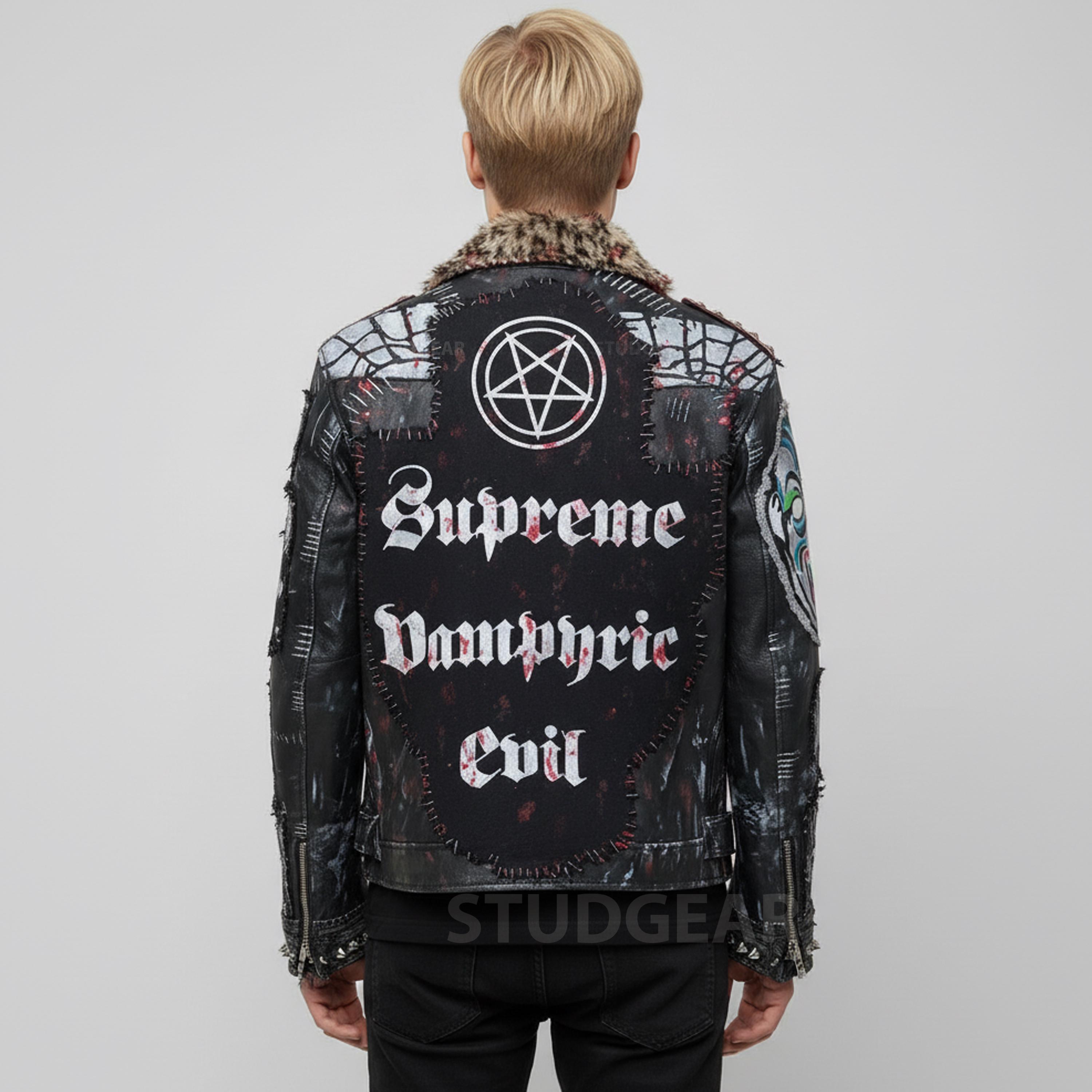 Custom Men's Punk Rock Leather Jacket: Grim Reaper Art, Studded