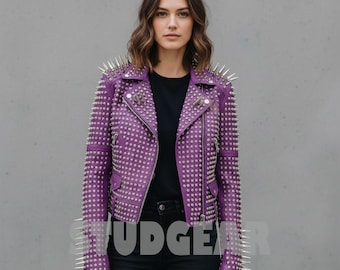 Purple Studded Spike Punk Biker Jacket Women’s Leather with Silver Studs, Cone Spikes on Shoulders and Sleeves, Rock Metal Rebellion Coat