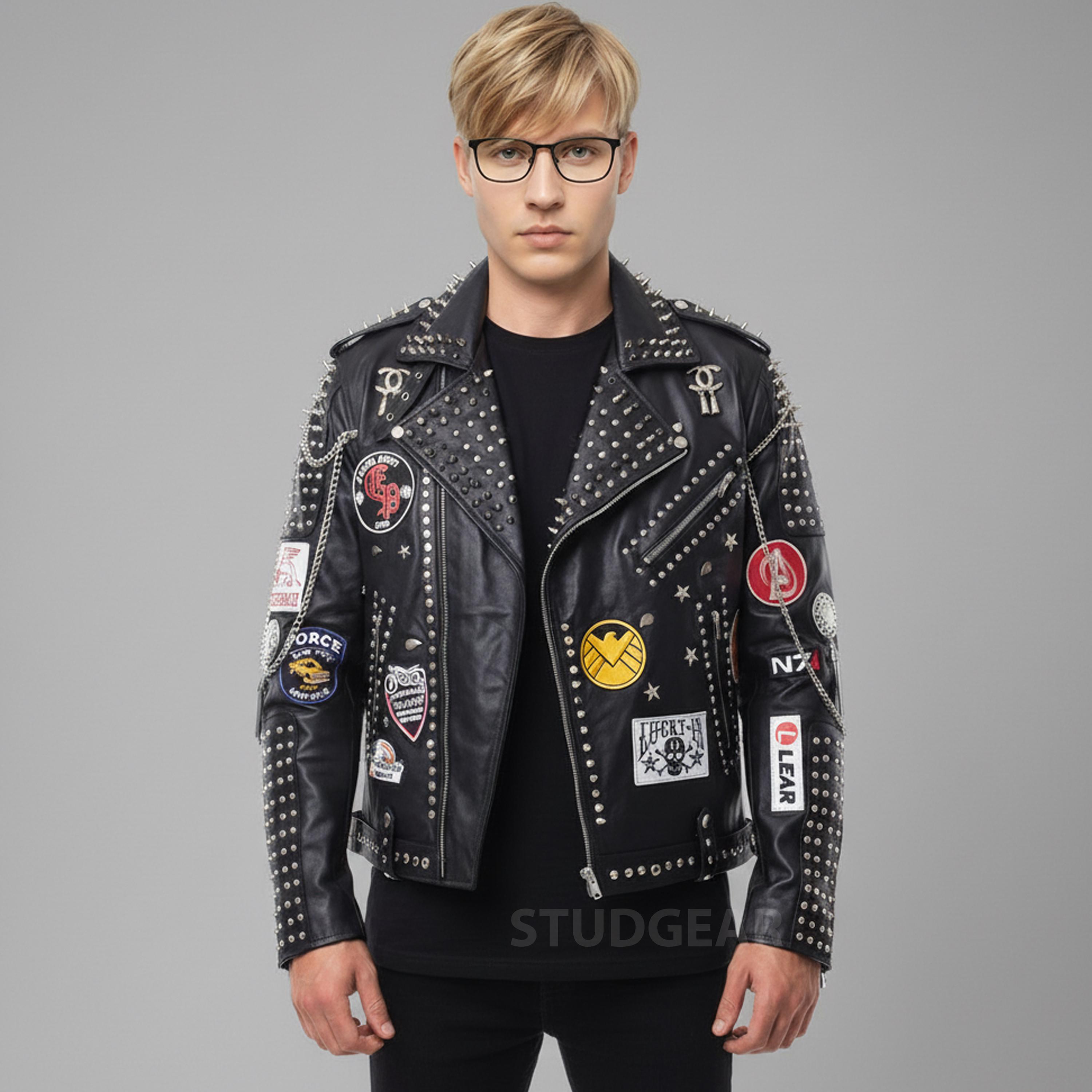 Men's Cyberpunk Studded Leather Jacket | Mohawk Skull Art, Silver