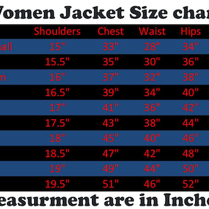 May include: A jacket size chart with a blue and black striped background. The table lists sizes from Extra Small to 6XL with corresponding measurements in inches for shoulders, chest, waist, hips, and sleeves. The text reads Women Jacket Size chart and Measurement are in Inches.