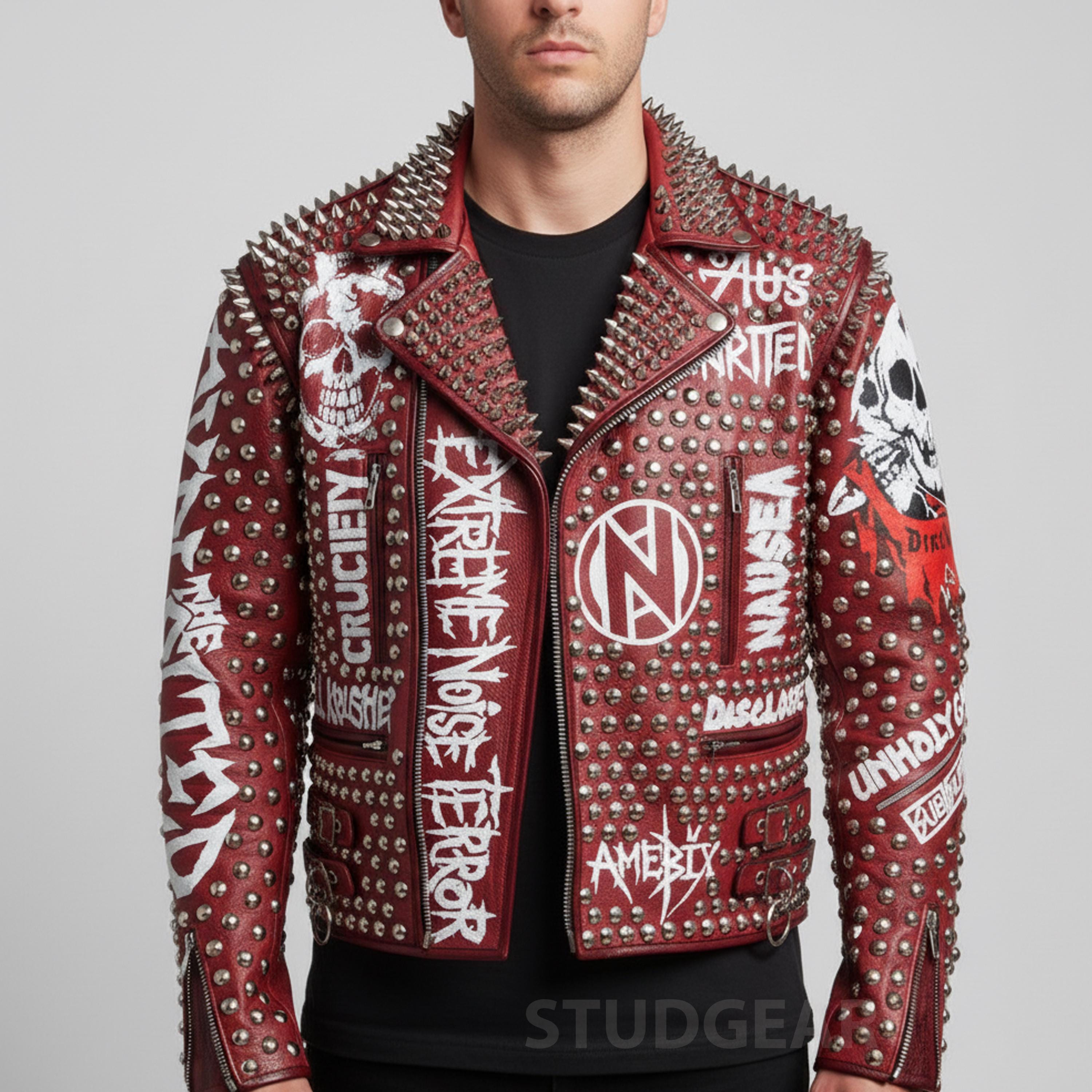 【dium.】Cut Off Design Jacket Men's Multi-color Punk Studded Leather Jacket | Blue, Red & White