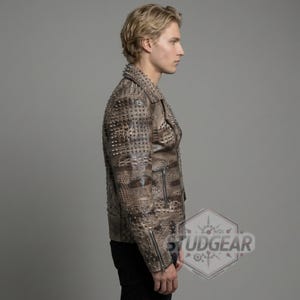 High quality YKK zipper detail on studded python leather biker jacket