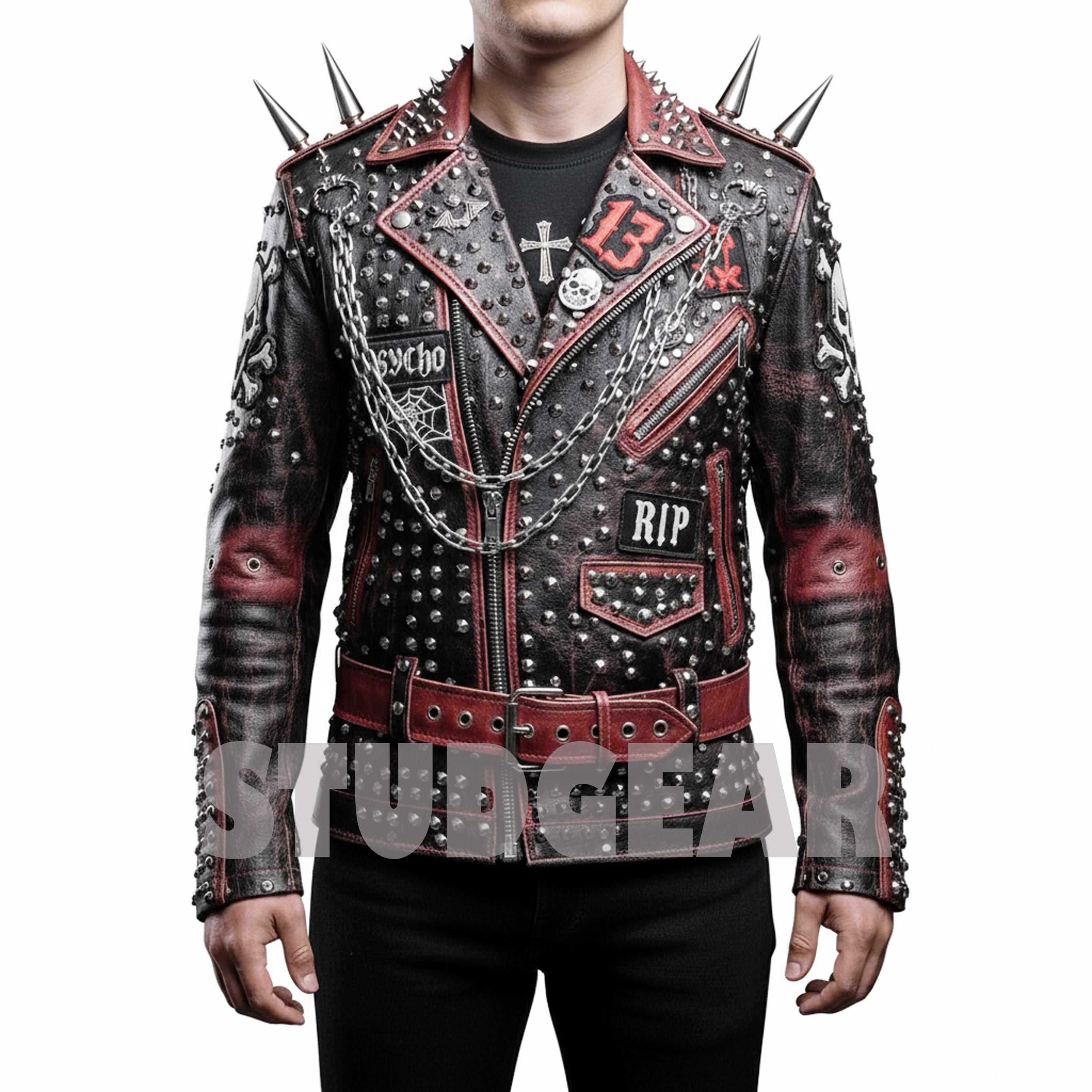 Distressed Spiked Leather Jacket | Black Spine Skull Art | Chains