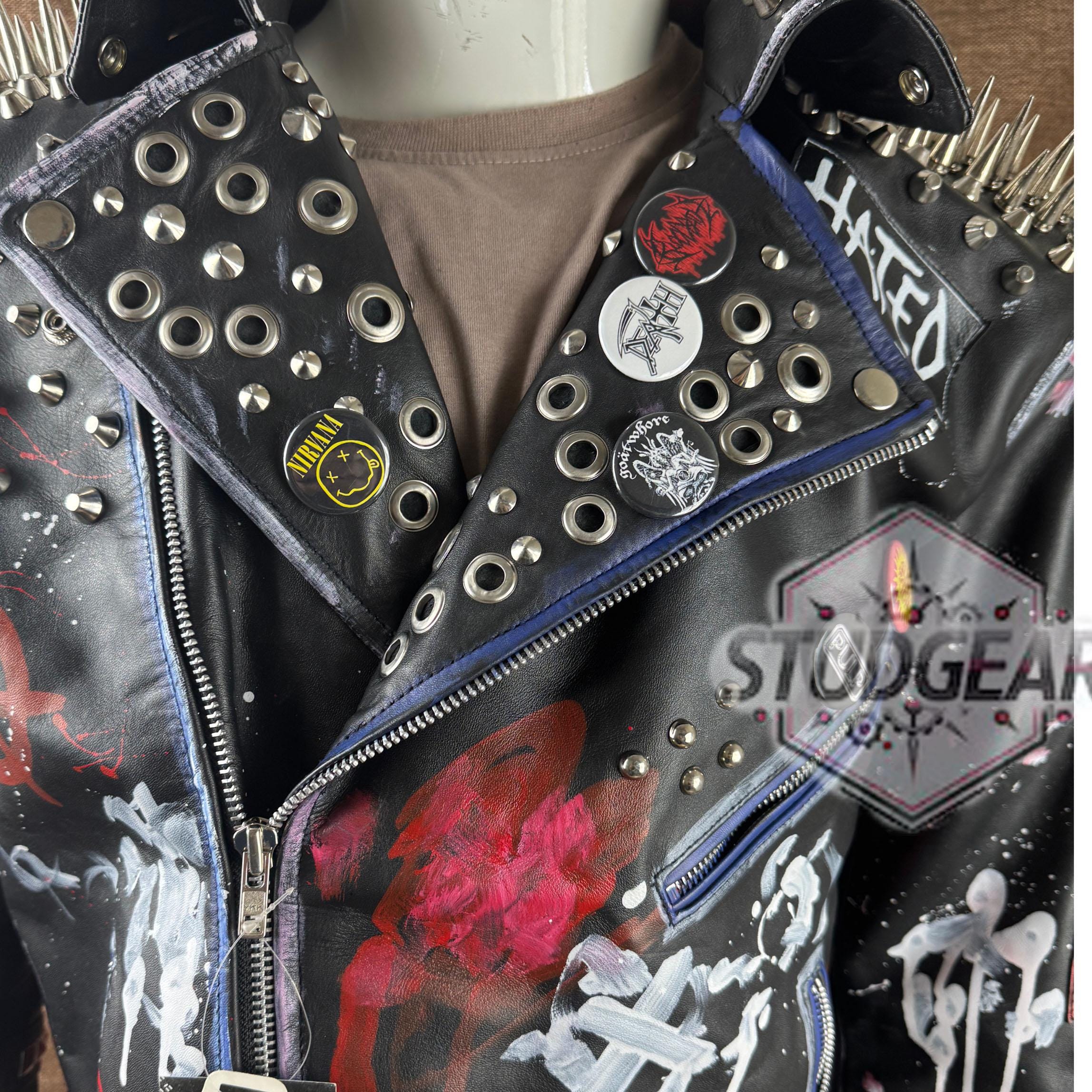 Extreme Studded Punk Jacket in Black Leather With Hand-painted