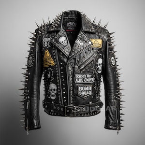 May include: Black leather jacket with silver spikes on the shoulders and sleeves. The jacket features multiple patches with skull and Route 66 designs, along with the text "SCHOOL'S OUT ALICE COOPER" and "BOMB SQUAD".