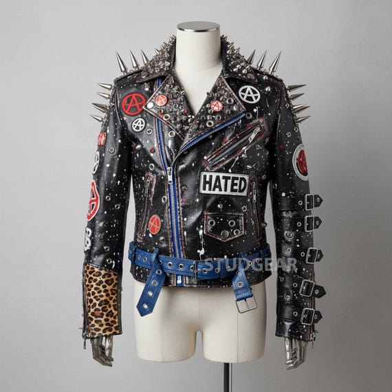 Black Leather Studded Jacket With Skull Graphic | Spiked Collar