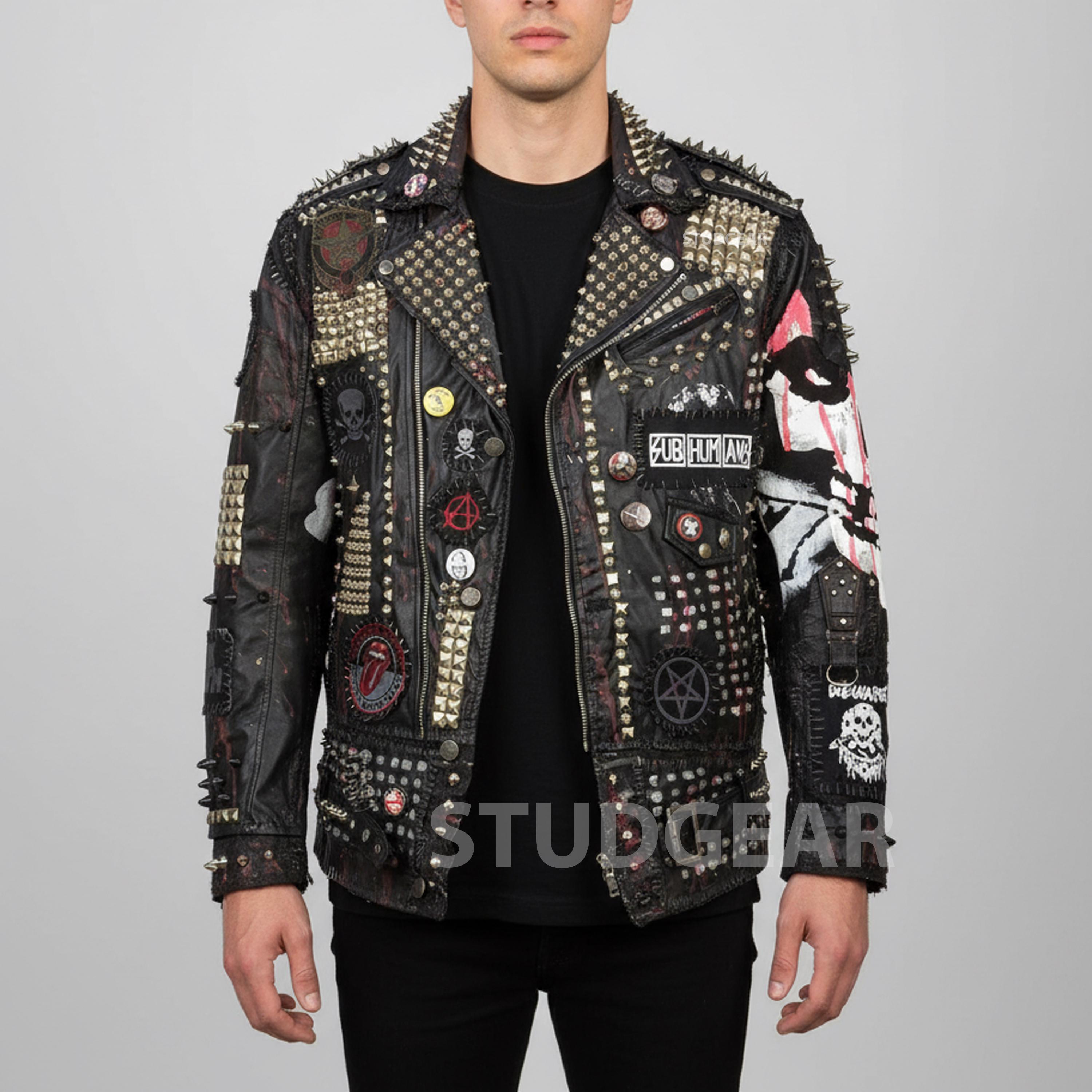 Studded Spiked Black Leather Battle Jacket | Custom Graphics, Red