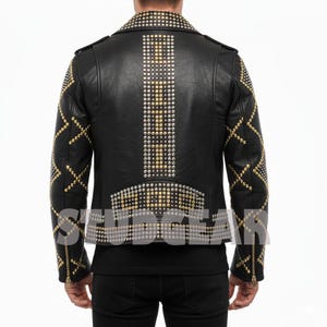 Men's glam rock biker coat featuring criss-cross stud designs and mixed metallic embellishment.