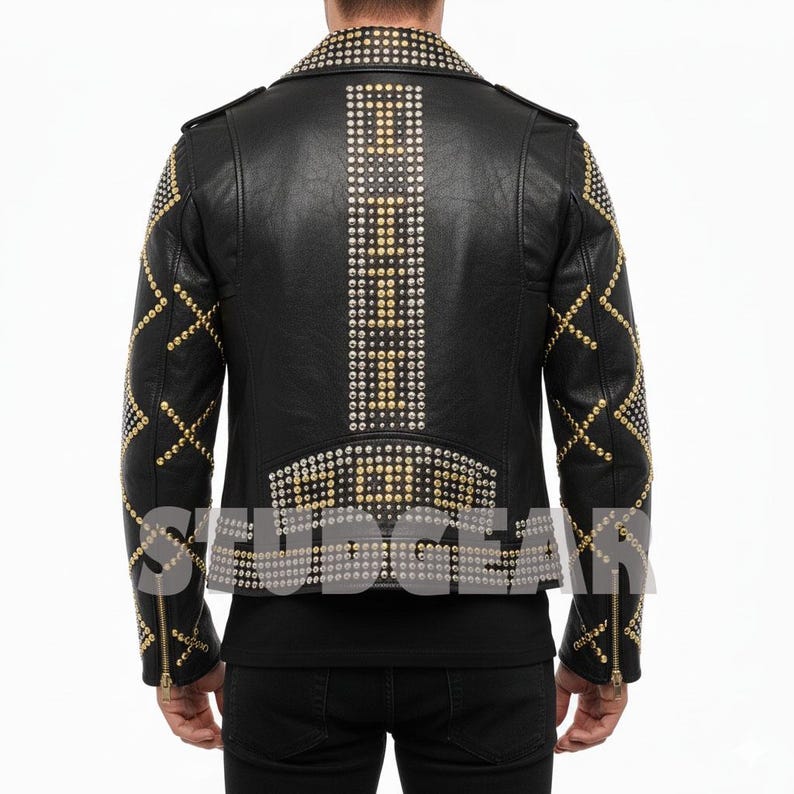 Men's glam rock biker coat featuring criss-cross stud designs and mixed metallic embellishment.