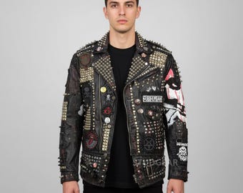 Distressed Leather Studded Spiked Skull | Mixed Metal Patch Gothic Punk Coat | Rock & Roll Heavy Metal Fashion for Alternative