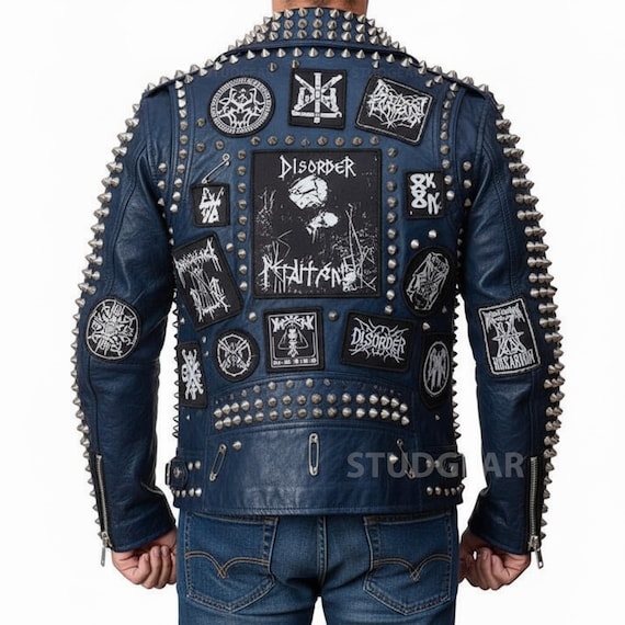 Deep Blue Studded Punk Battle Jacket | Multi-band Patch Back