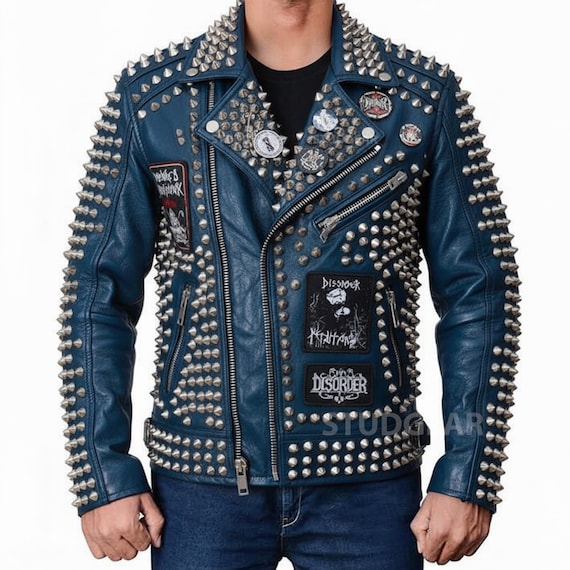 Deep Blue Studded Punk Battle Jacket | Multi-band Patch Back