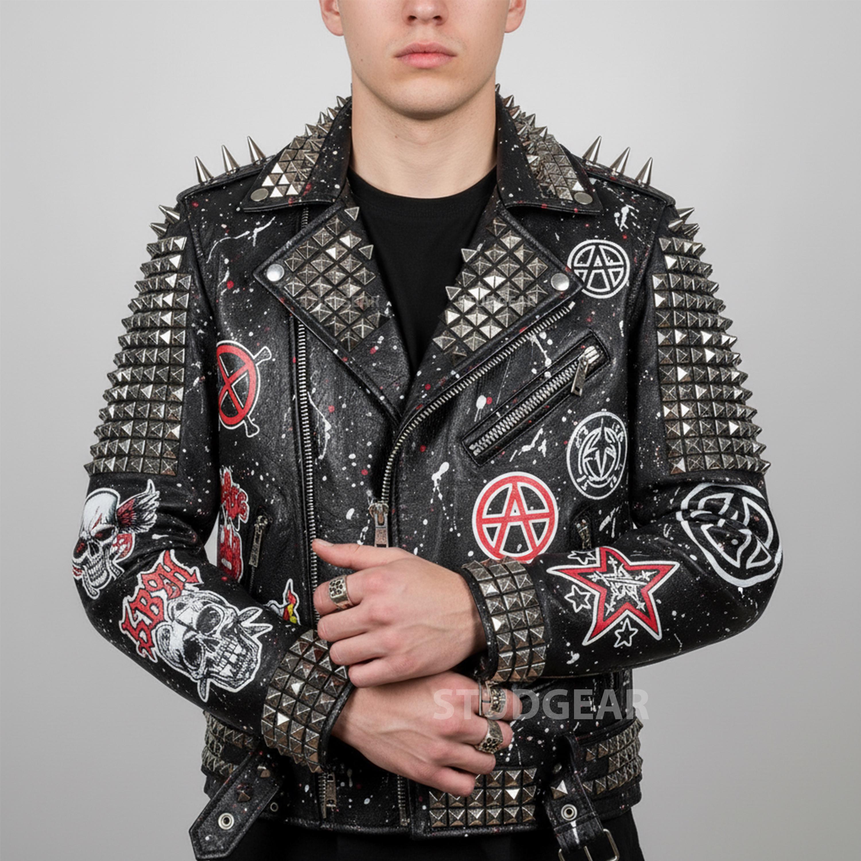 Leather Jacket With Studded Black & Skull Graphic | Spiked Collar
