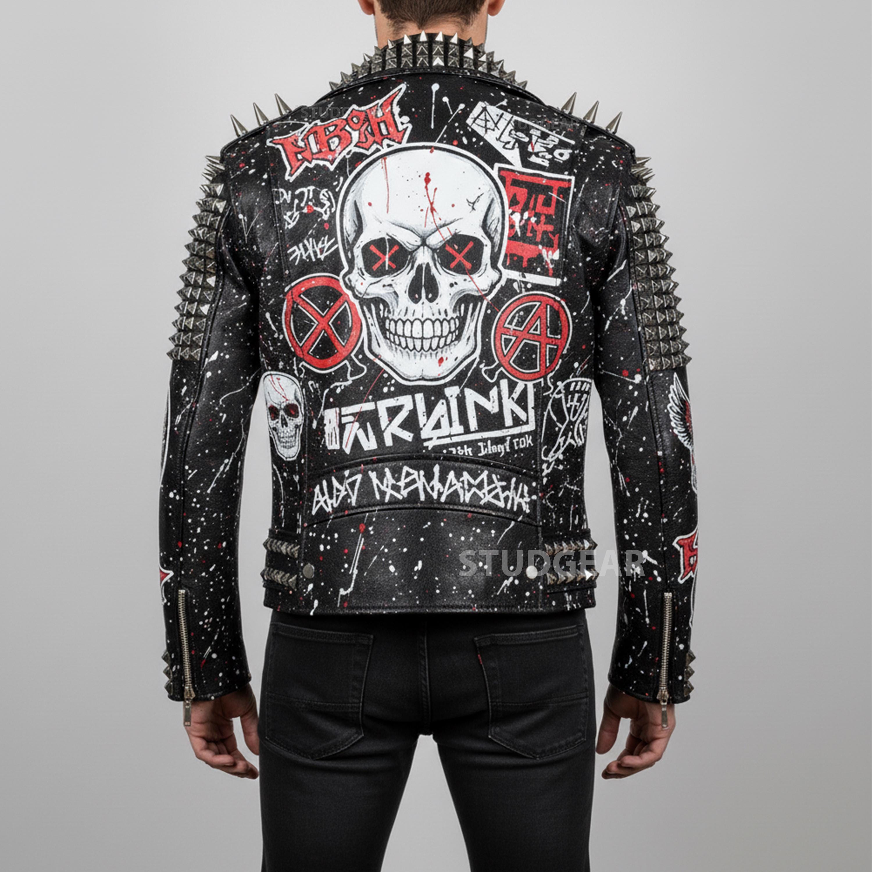 Leather Jacket With Studded Black & Skull Graphic | Spiked Collar
