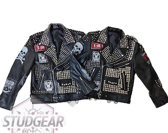 Gothic Studded Punk Leather Jacket | Black Red Anarchy Symbol Art