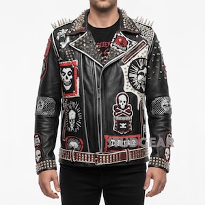 Anarchy Symbol Studded Jacket Black Leather with Silver Cone Spikes, Red Hand-Painted A, Skull Patches, Discharge Details Punk Biker Coat