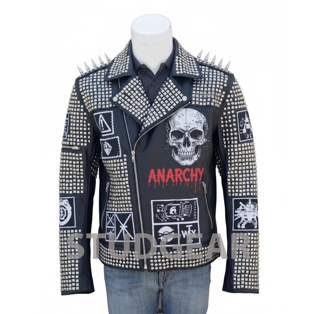 Black Designer Studded Leather Jacket | Large Chrome Skull Back
