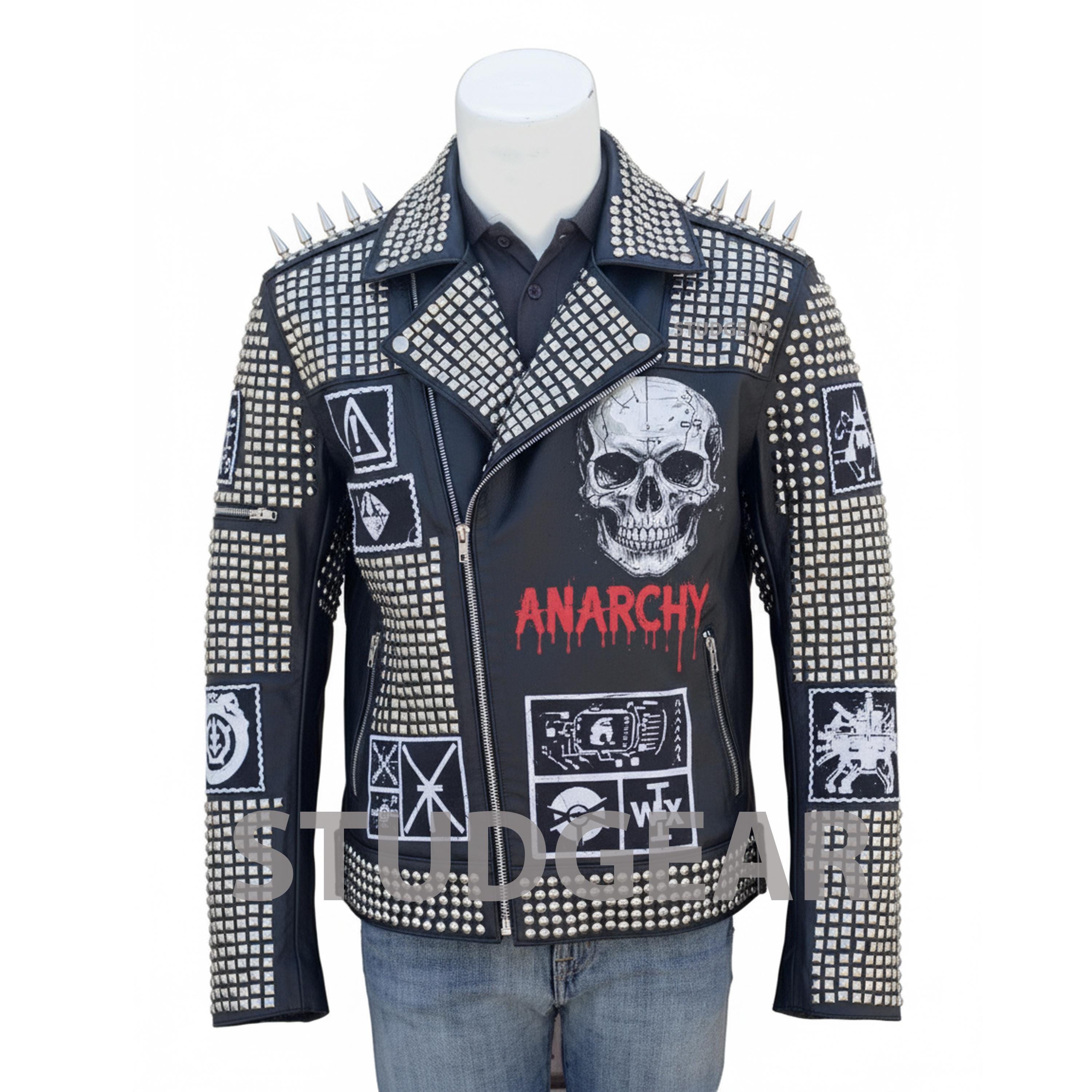 Black Designer Studded Leather Jacket | Large Chrome Skull Back