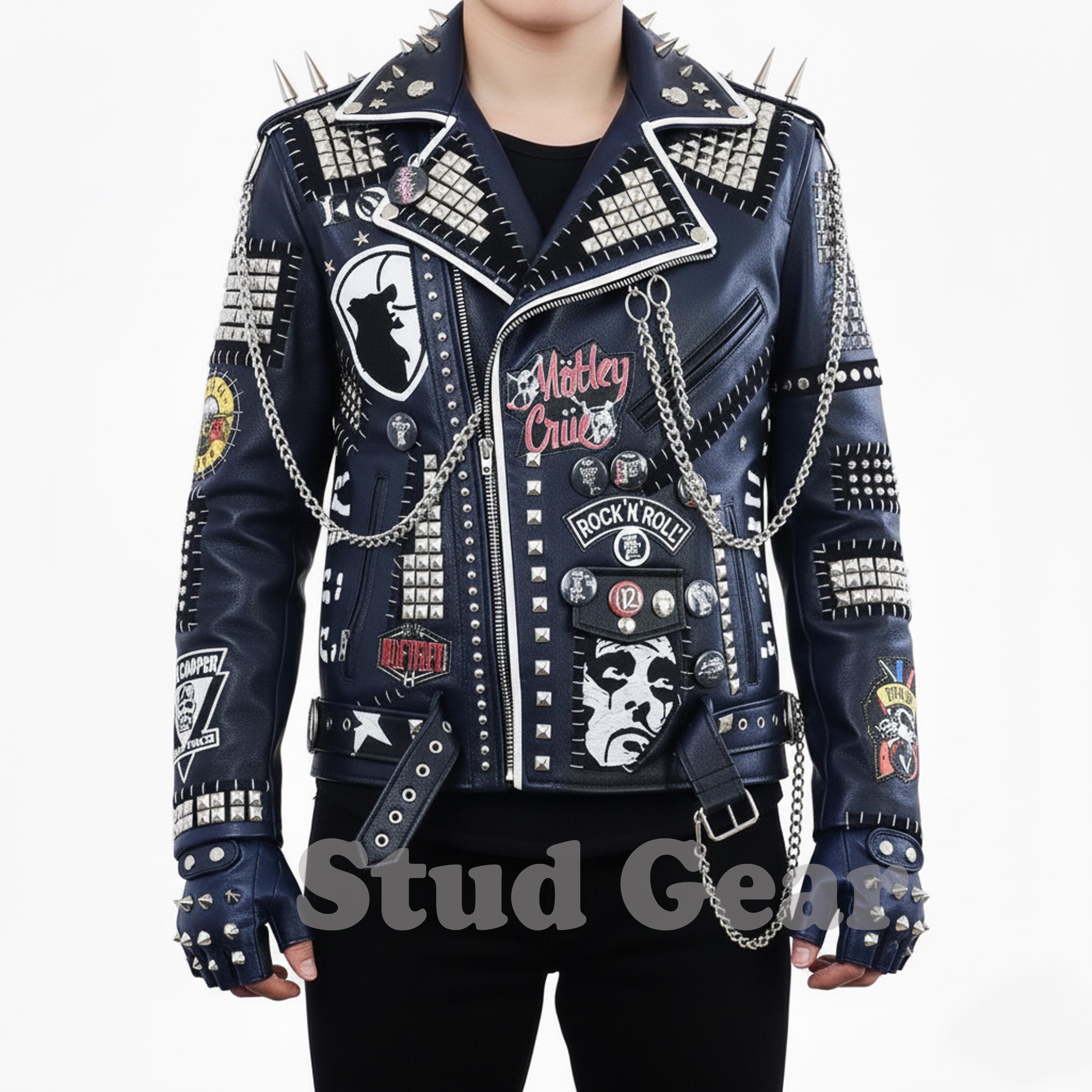 Gothic Navy Blue Studded Leather Jacket | Skull Patch Spikes