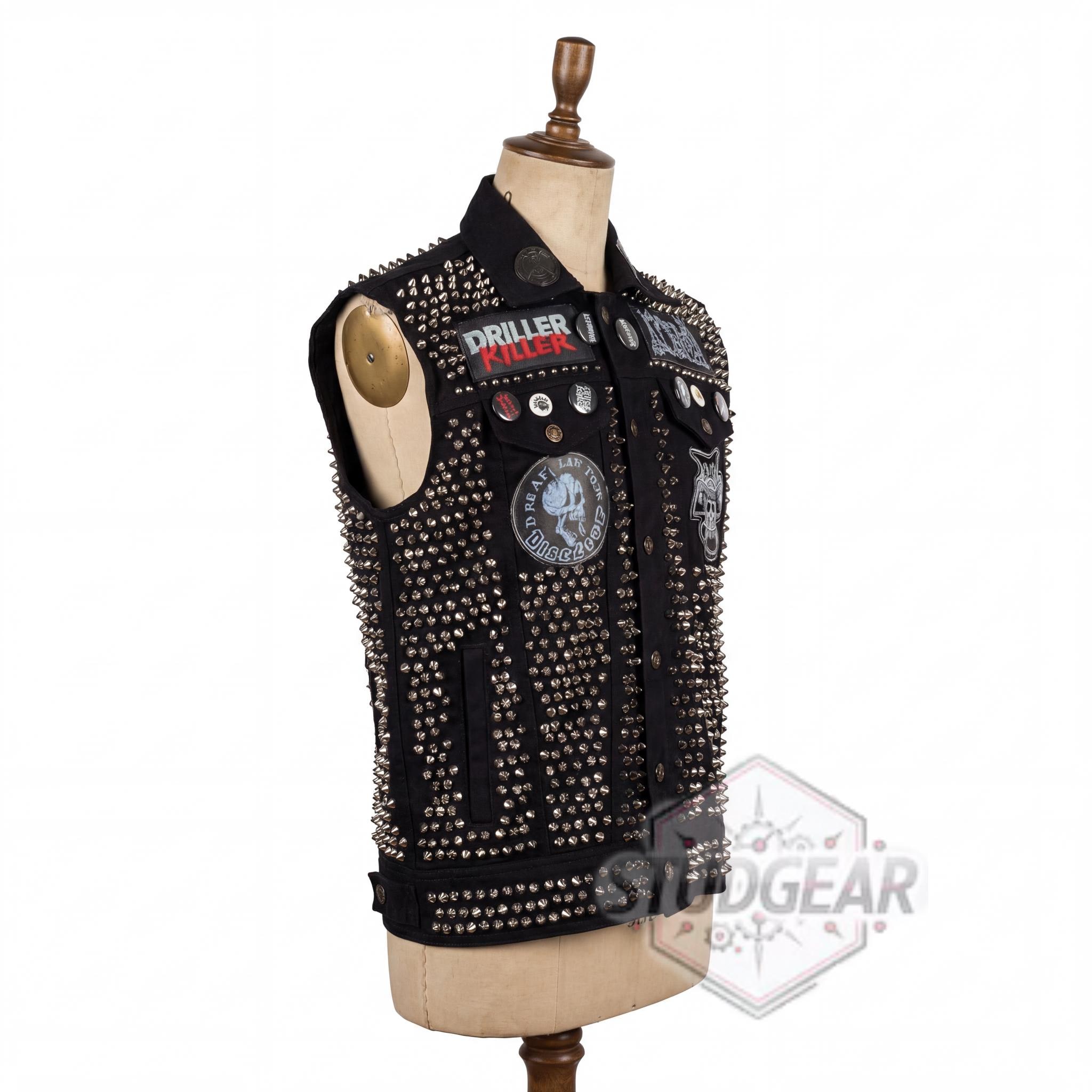 Extreme Studded Spiked Denim Battle Vest | Multi-band Patch Back