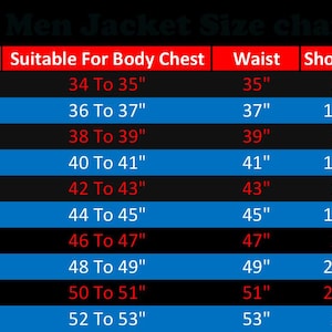 Puede incluir: Tabla de tallas de chaquetas para hombre, con medidas en pulgadas. La tabla incluye tallas desde extra peque&ntilde;a hasta 6XL, detallando medidas de pecho, cintura, hombros, mangas y largo. Texto blanco sobre fondo azul y negro.
