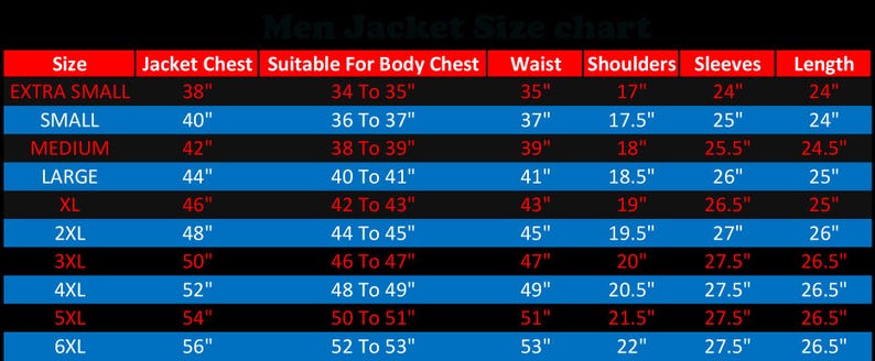 Puede incluir: Tabla de tallas de chaquetas para hombre, con medidas en pulgadas. La tabla incluye tallas desde extra peque&ntilde;a hasta 6XL, detallando medidas de pecho, cintura, hombros, mangas y largo. Texto blanco sobre fondo azul y negro.