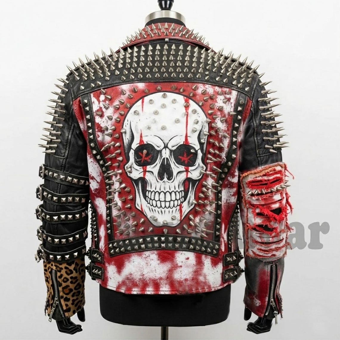 Extreme Studded Punk Jacket in Black Leather With Hand-painted Skull ...
