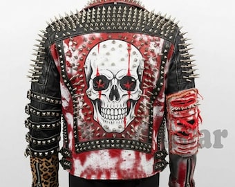 Extreme Studded Punk Jacket in Black Leather With Hand-painted