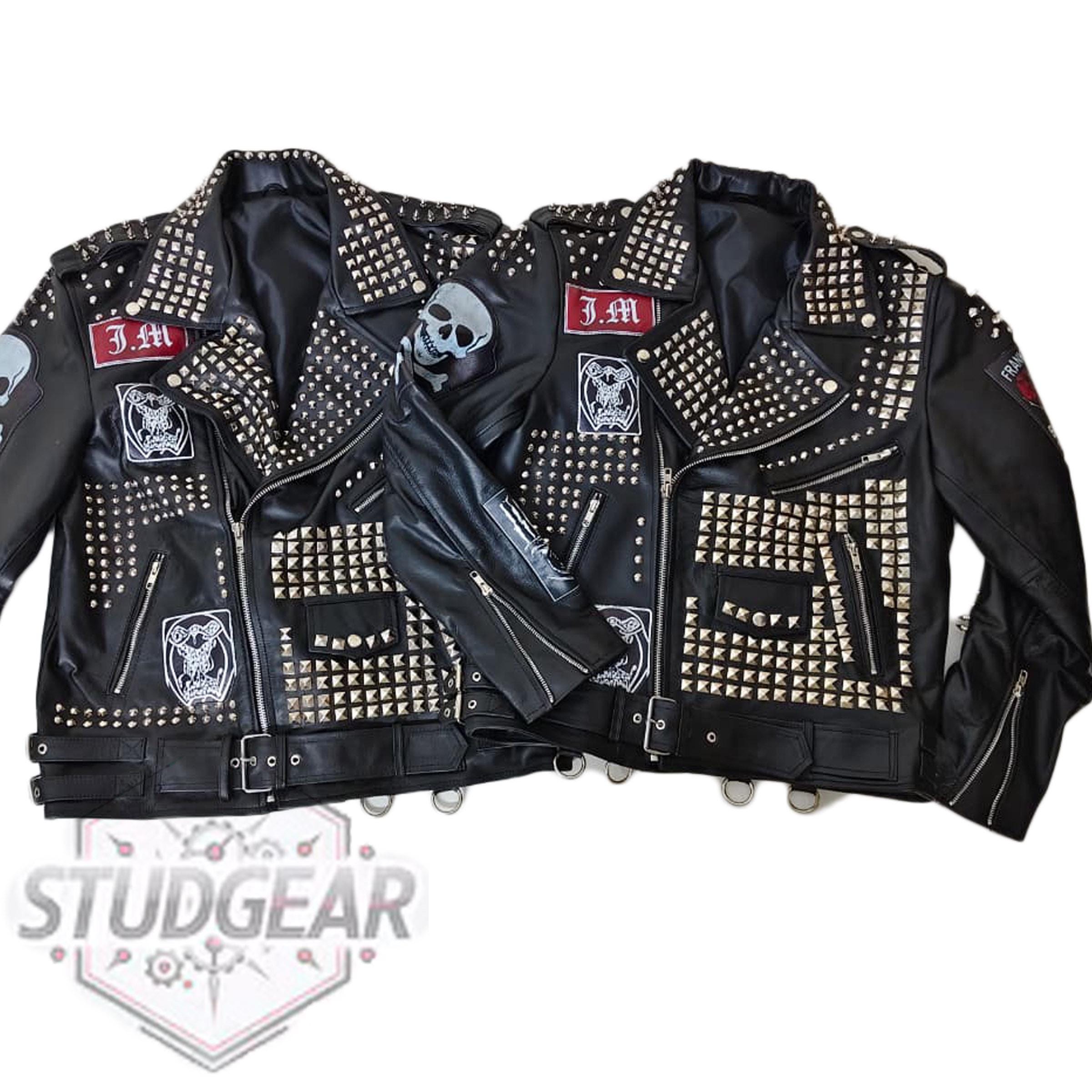 Gothic Studded Punk Leather Jacket | Black Red Anarchy Symbol Art