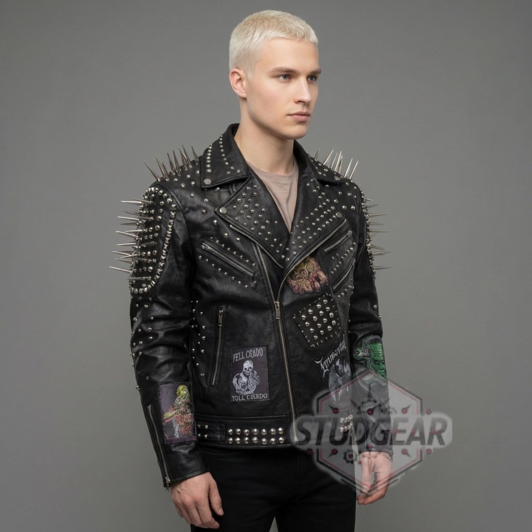 Black Studded Punk Biker Jacket for Men – Leather Coat With Silver