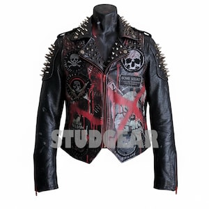 Hand-Painted Angel Wings Studded Spike Jacket in Black Leather with Red Blood Drip Art, Skull Patches, and Punk Rock Biker Statement Coat