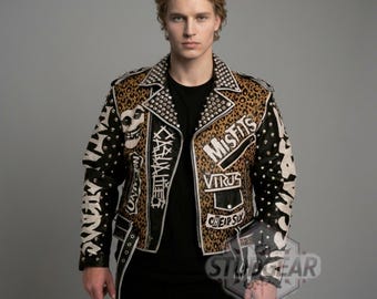 May include: Black and leopard print leather jacket with silver studs. The jacket features patches with the words "Misfits", "Virus", and "Cheap Sex". The sleeves have white graphics and skull designs.