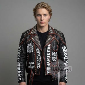Veste en cuir cloutée punk imprimé UV Discharge Inepsy Rocker
