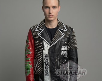 Custom Hand Made Spiked Leather Jacket Men Punk Rock Biker Studded Motorcycle Jacket