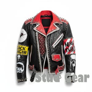 May include: Black leather jacket with red detailing, studded embellishments, and patches. Includes a red collar, studded epaulettes, and a zip closure. Patches feature a spider, skull, and text reading "BLACK AGIKI" and "MINOR THREAT".