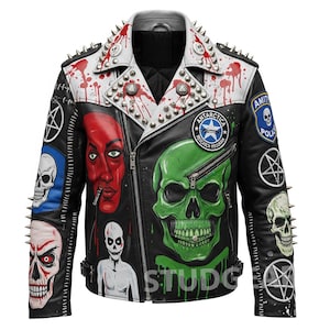 May include: Black leather jacket with white accents, silver studs, and painted skull graphics. Features a zipper closure, spiked shoulders, and patches with text and symbols. The jacket has a unique, edgy design.