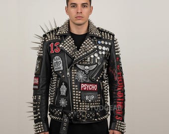 Men's Punk Rock Studwork Jacket – Spiked Leather, Gothic Patches