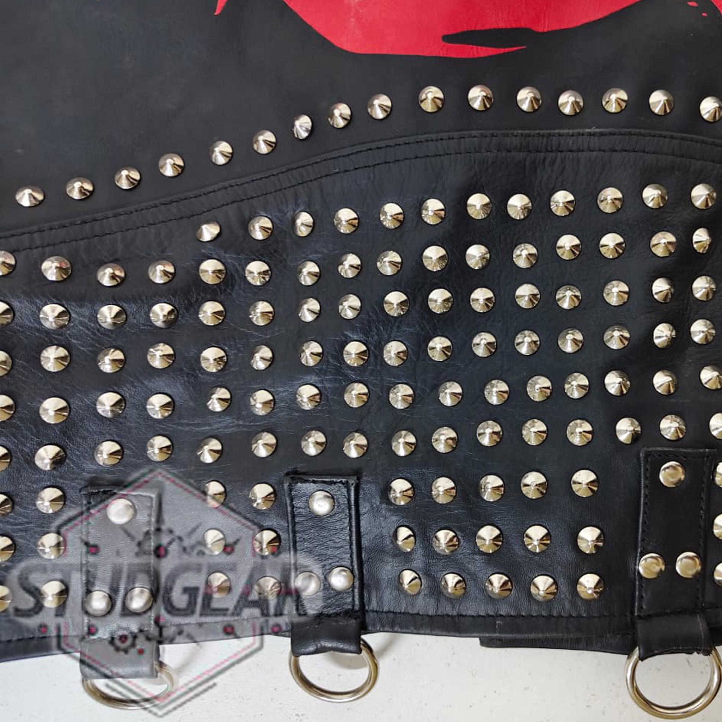 Gothic Studded Punk Leather Jacket | Black Red Anarchy Symbol Art