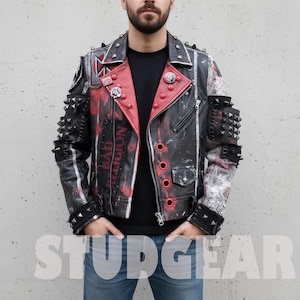 May include: Black leather jacket with red accents, studded details, and the text "BAD RELIGION". The jacket features a zipper closure, multiple pockets, and a distressed paint effect. The jacket has a classic biker style.
