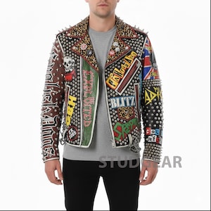 Hell Krusher Studded Leather Jacket in Black with Hand-Painted Skull, Metal Spikes, and Punk Rock Patches Unisex Rebellious Biker Coat