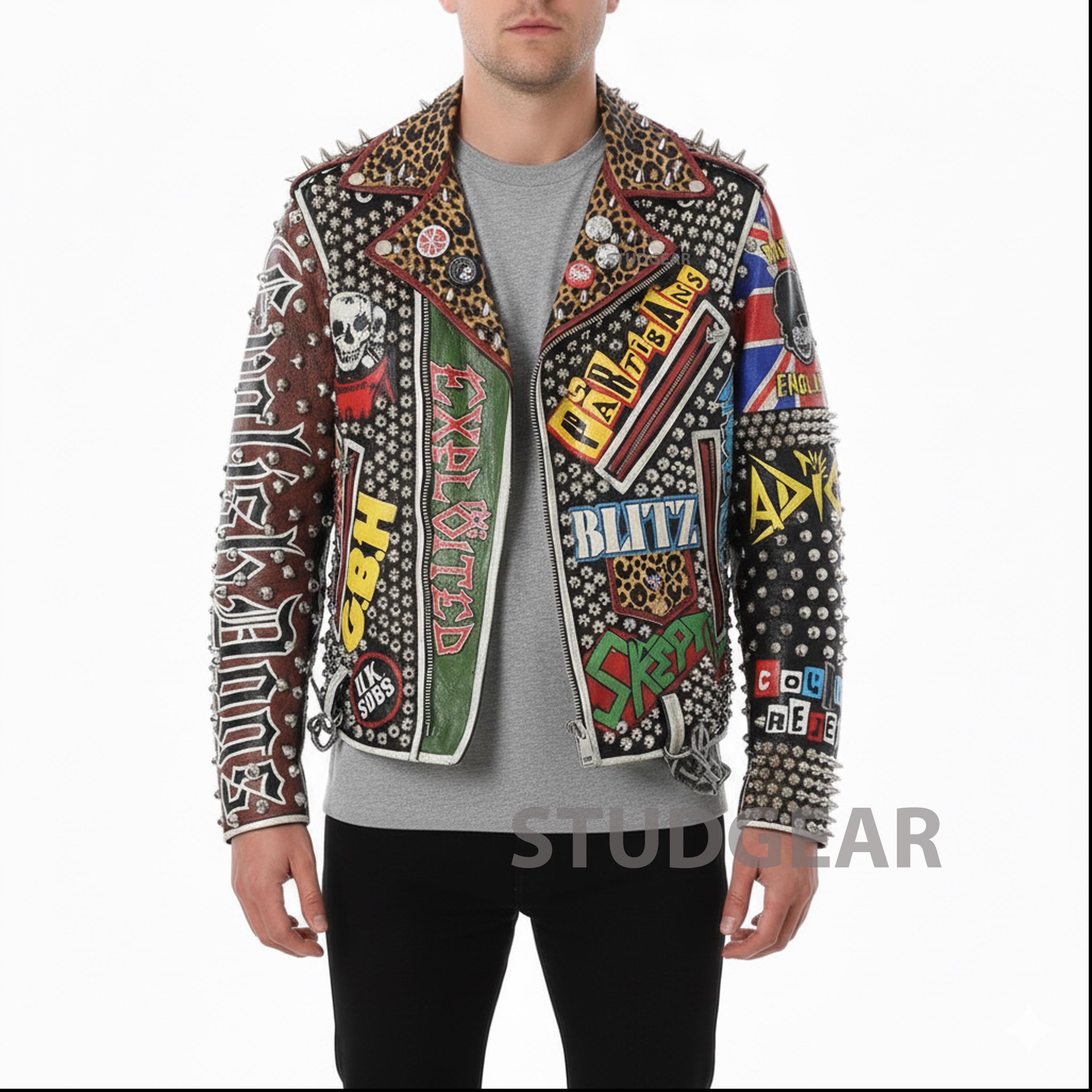 カメリア GlyPhS punk rockライダース studsトート Hell Krusher Studded Leather Jacket in Black With Hand-painted