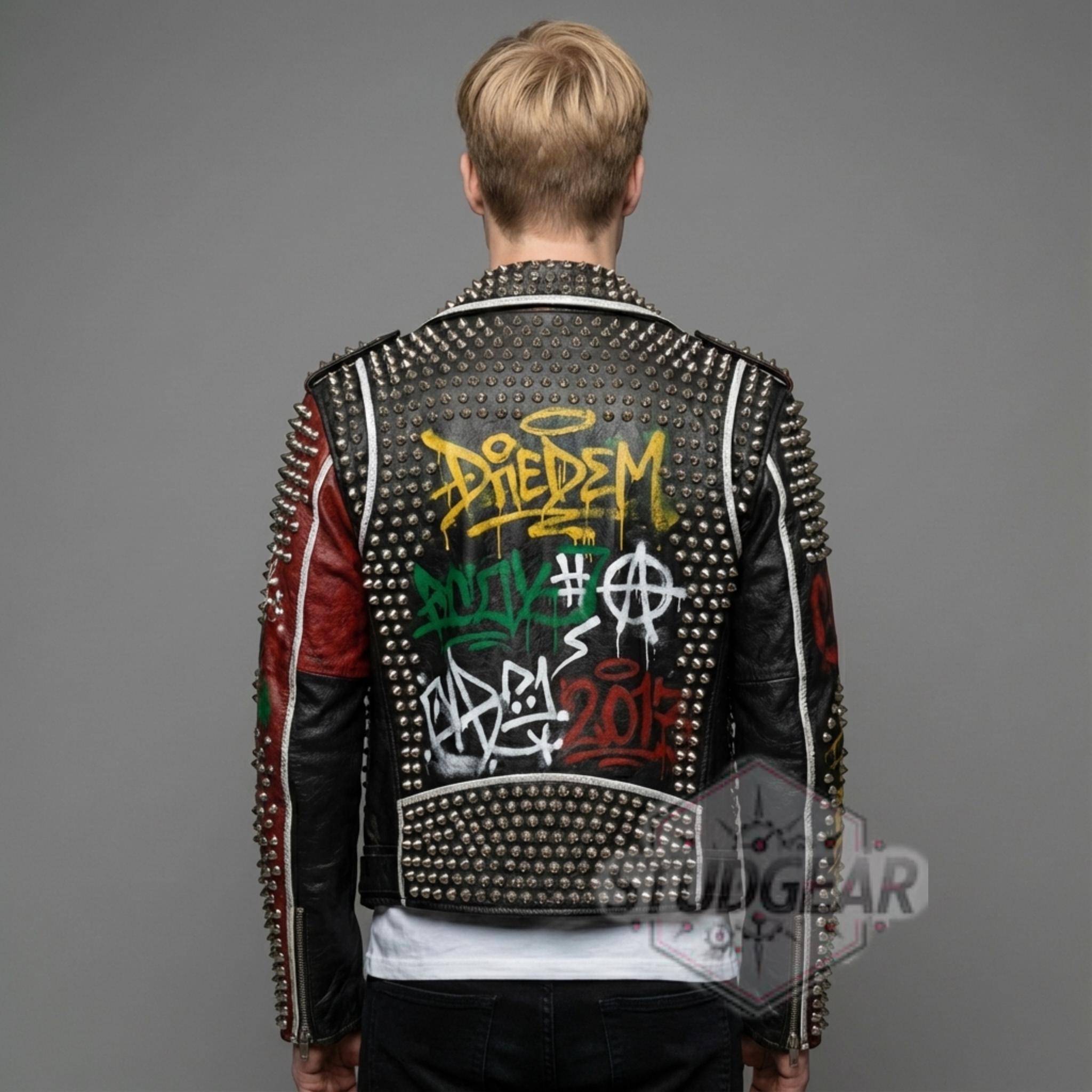 【33万円】1piu1uguale3 PAINTED RIDERS JACKET Men's Handmade Studded Leather Jacket Custom UV Printing Graffiti