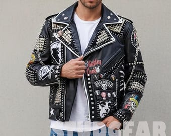 Mens Studded Punk Leather Biker Jacket Leopard Print Sleeve Hand
