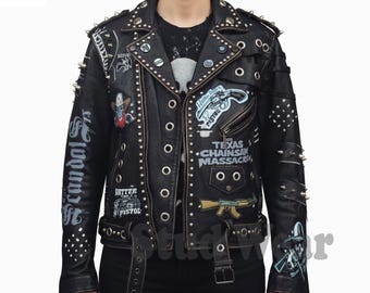 Custom Studded Punk Biker Jacket in Black Leather with Silver Studs, Cone Spikes, Metal Grommets & Horror Band Patches — Fully Customizable