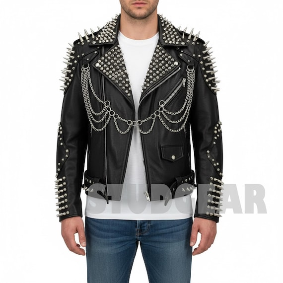 Black Silver Studded Spike Punk Biker Jacket With Grim Reaper