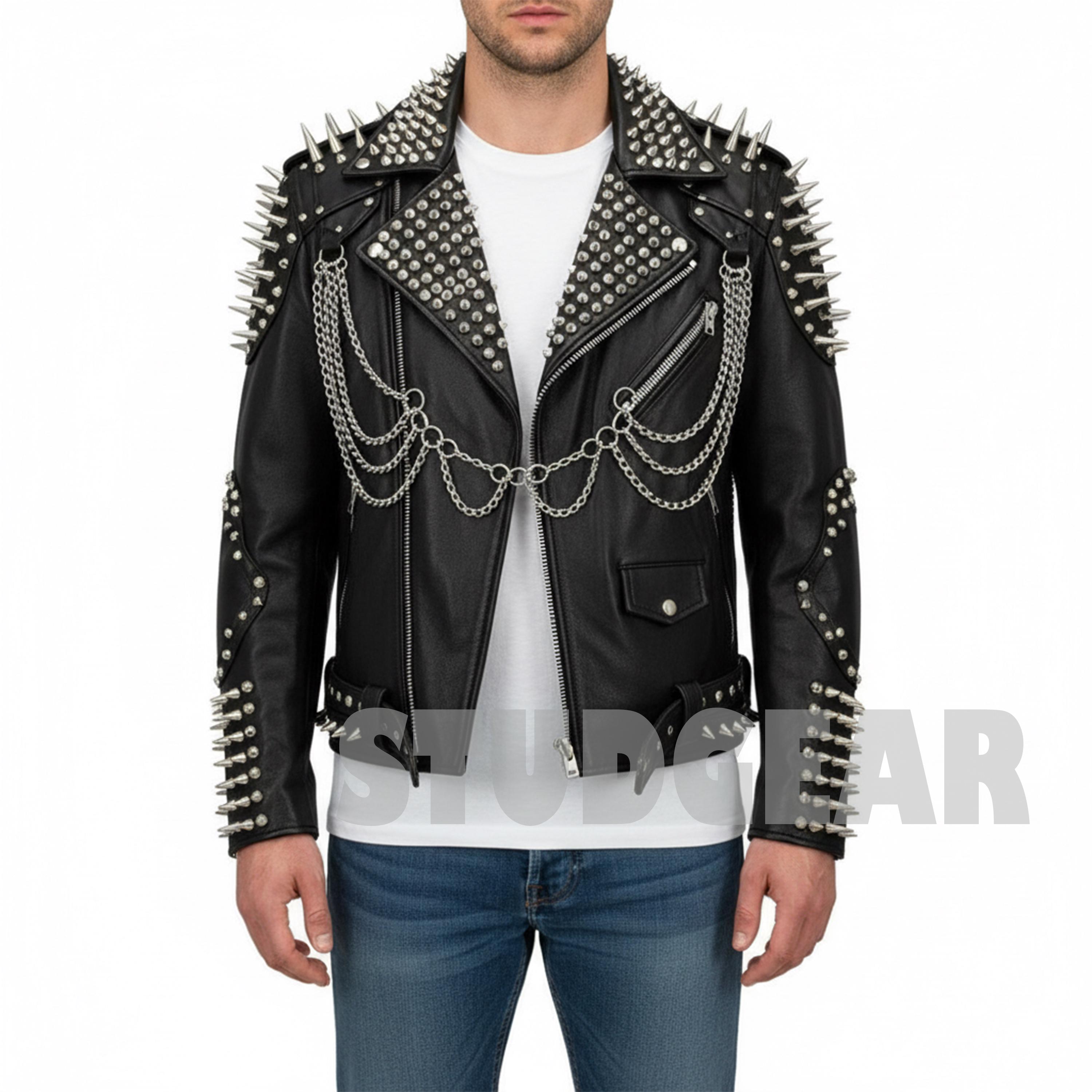 Black Silver Studded Spike Punk Biker Jacket With Grim Reaper