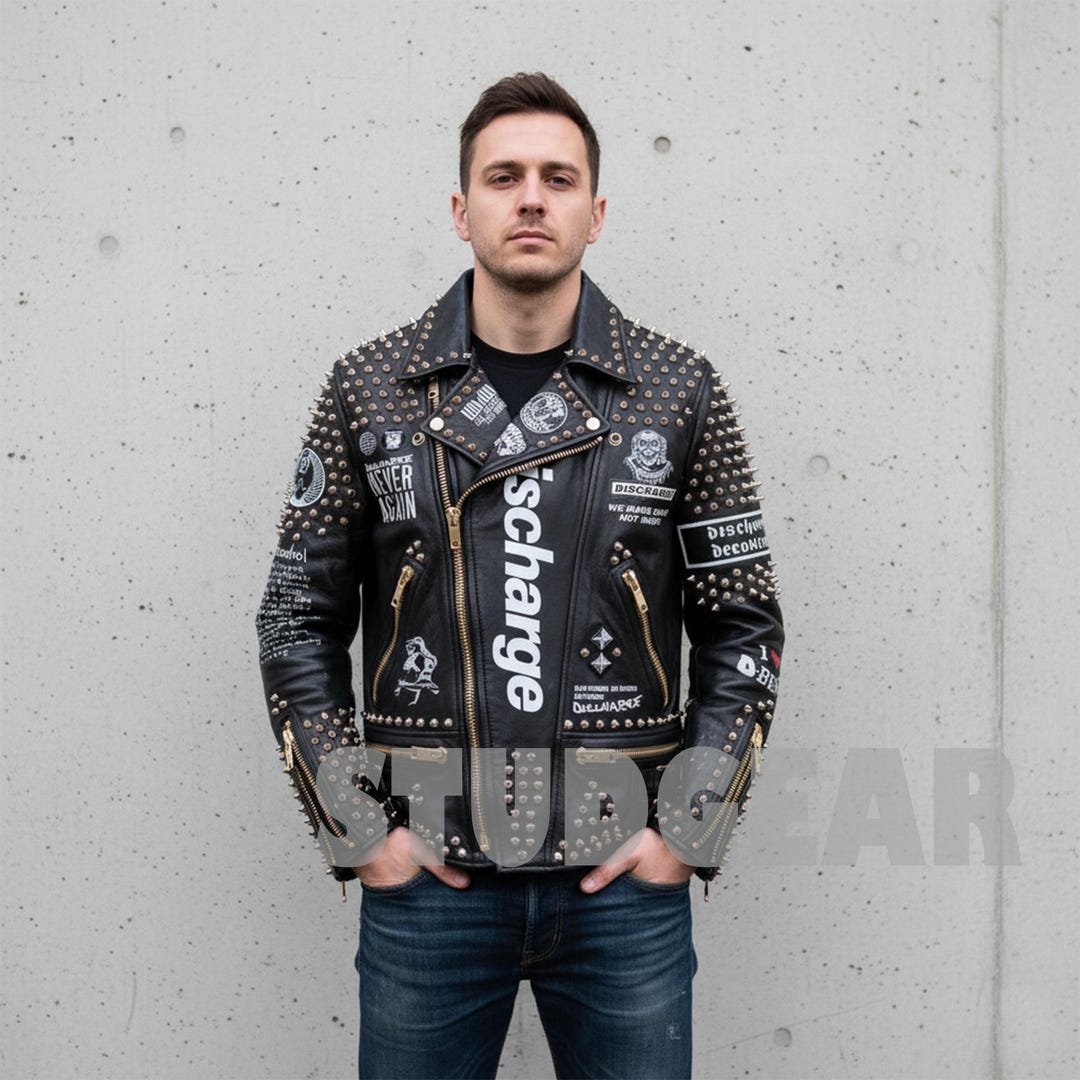 Discharge Studded Punk Jacket Black Leather Hand Painted Anarchy Symbol ...